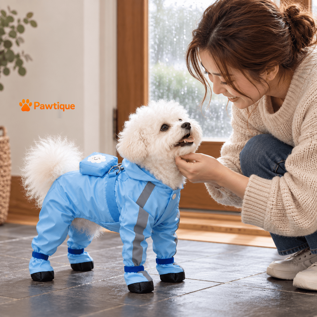 Blue rain suit worn beside owner before going outdoors
