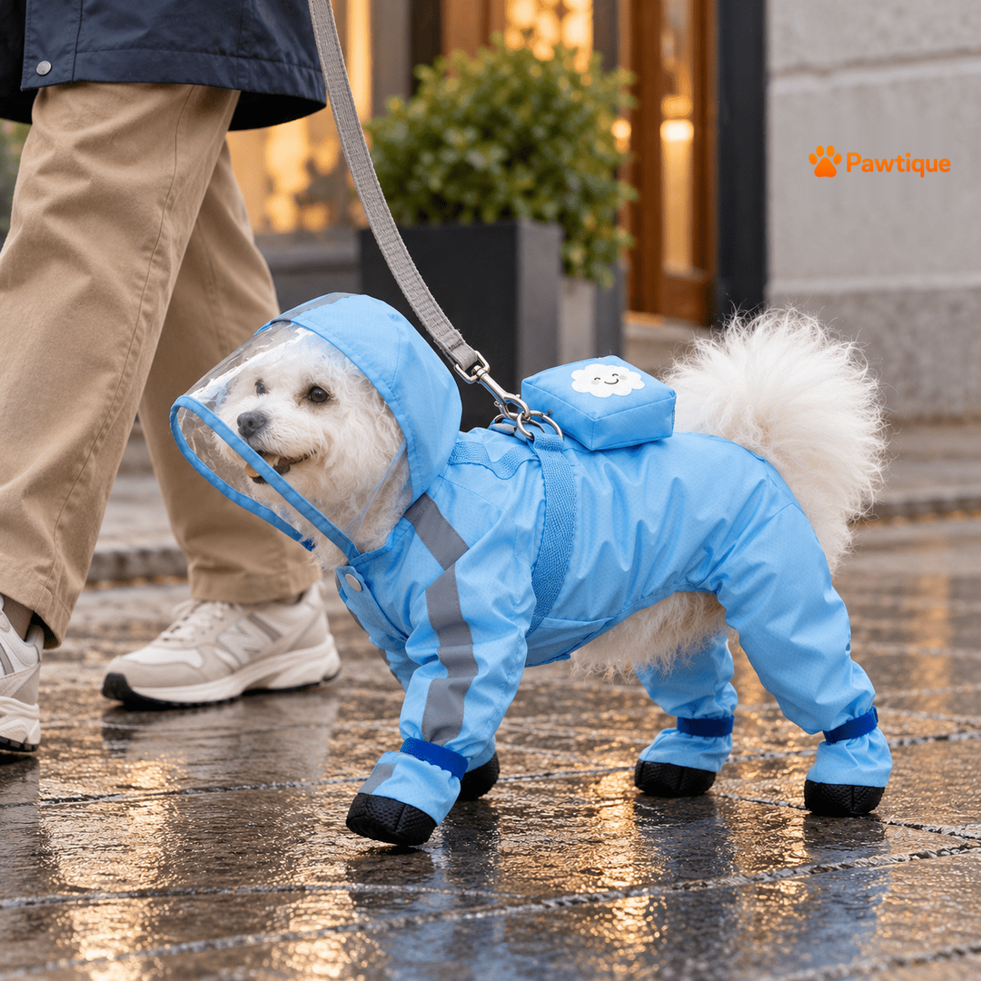 Blue rain suit on a rainy walk; leash not included