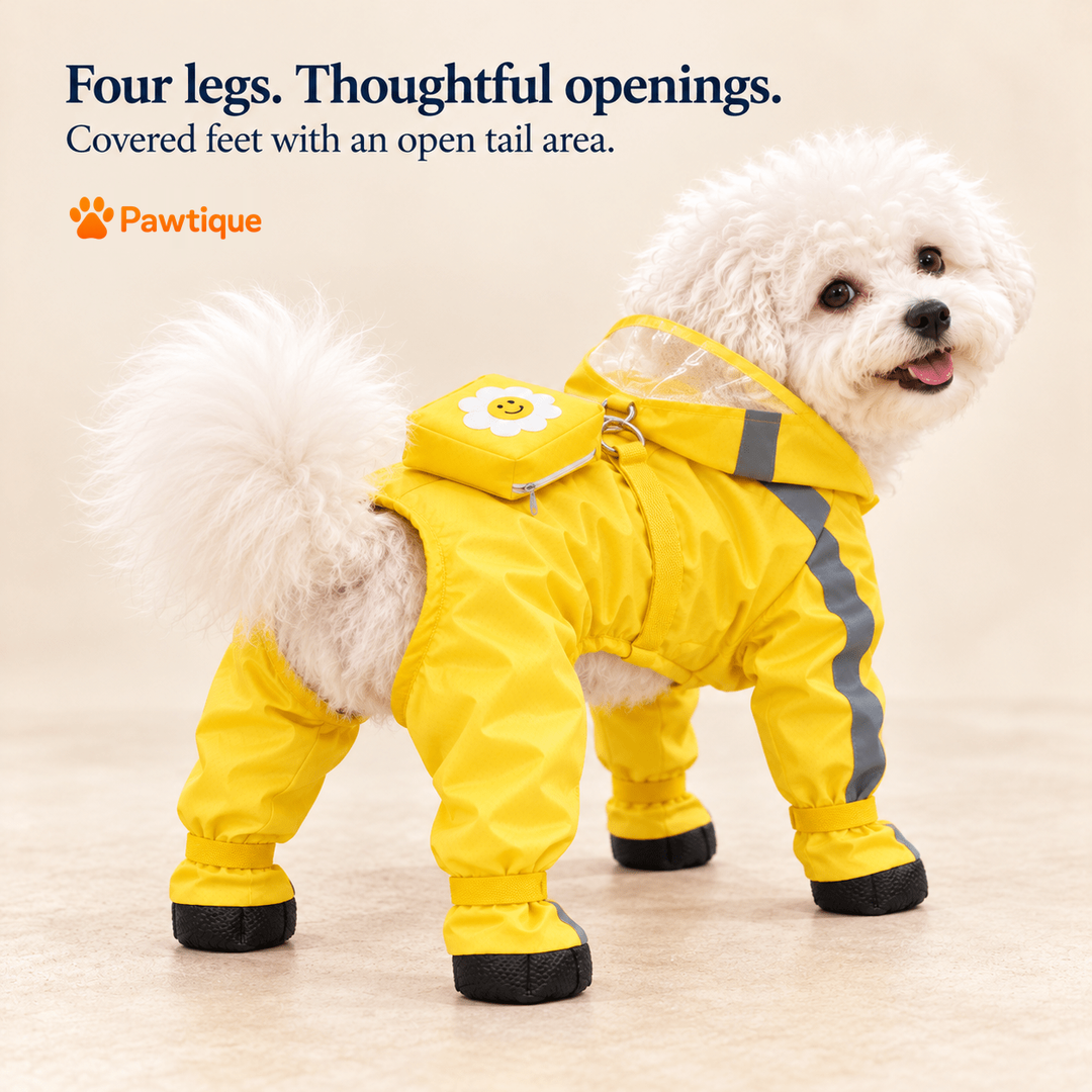 Yellow four-leg rain suit showing covered feet and open tail area