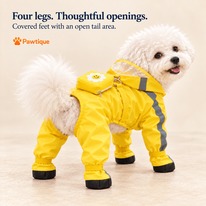 Yellow four-leg rain suit showing covered feet and open tail area