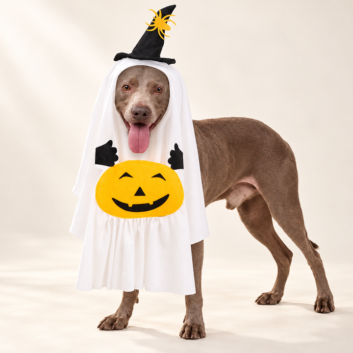 Pawtique Pumpkin Ghost Pet Costume with white front drape, yellow pumpkin pocket and black witch hat on a dog