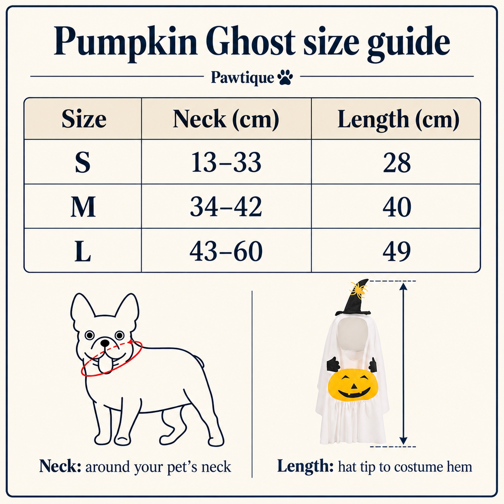 Pumpkin Ghost size guide in cm: S neck 13–33 length 28, M neck 34–42 length 40, L neck 43–60 length 49; length from hat tip to hem