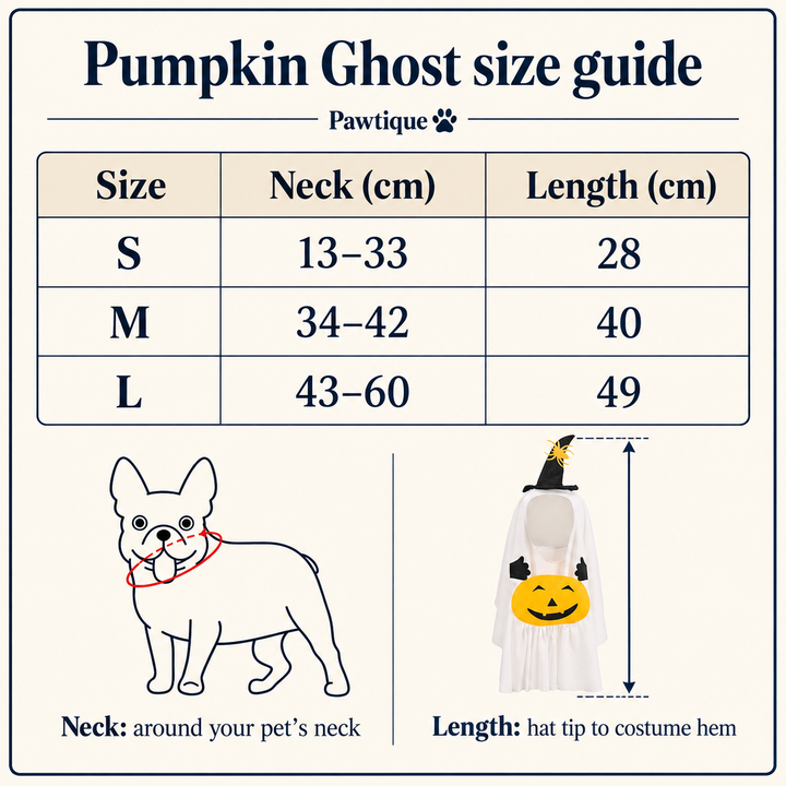 Pumpkin Ghost size guide in cm: S neck 13–33 length 28, M neck 34–42 length 40, L neck 43–60 length 49; length from hat tip to hem