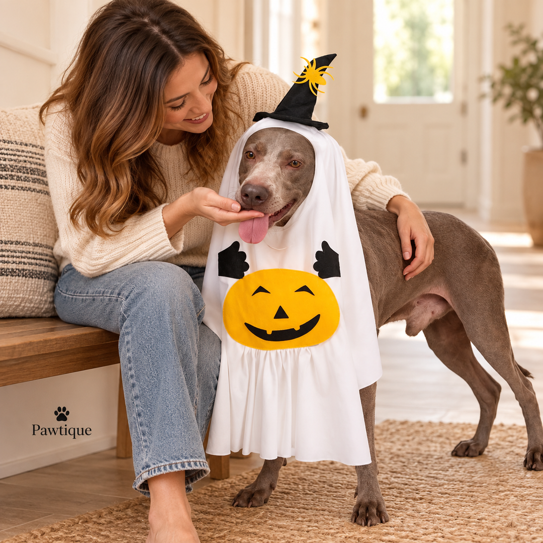Dog in the Pumpkin Ghost costume sharing a getting-ready moment with an adult owner