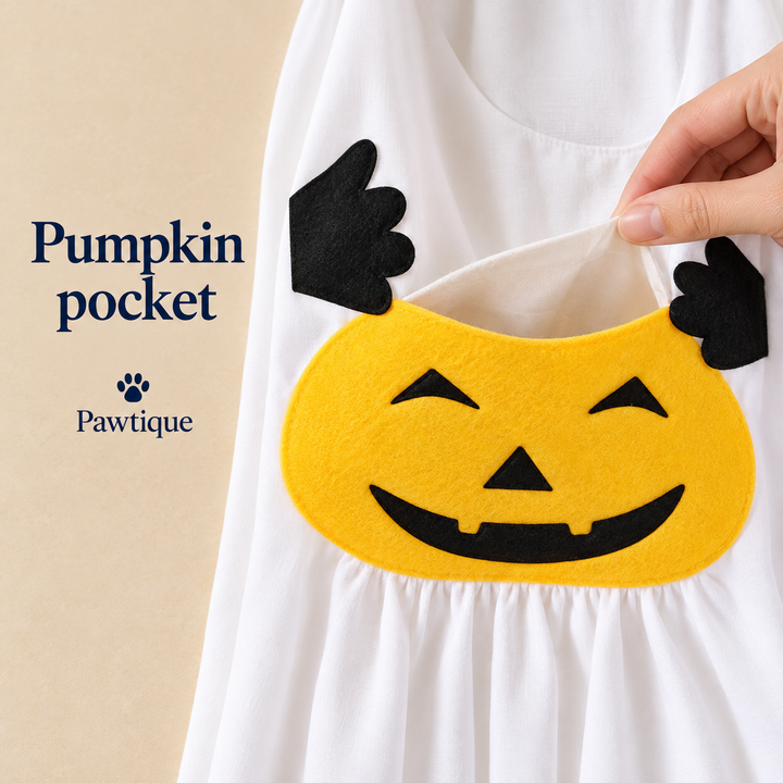 Close-up of the open yellow pumpkin pocket and black hand motifs on the white ghost costume