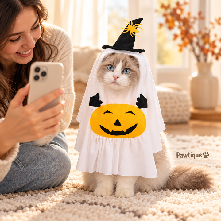 Adult owner photographing a cat wearing the Pumpkin Ghost costume