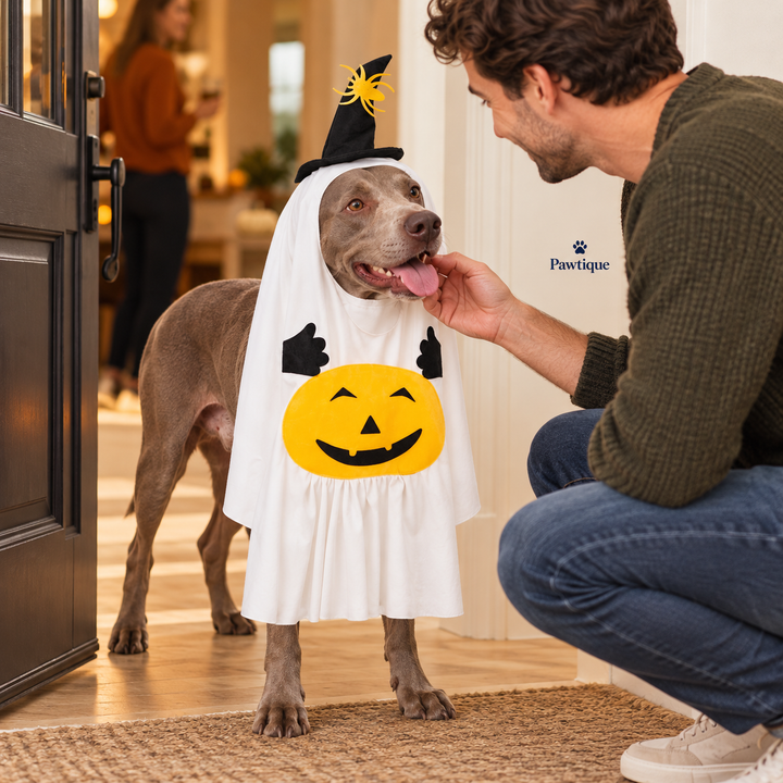 Dog in the Pumpkin Ghost costume greeting an adult at a home doorway