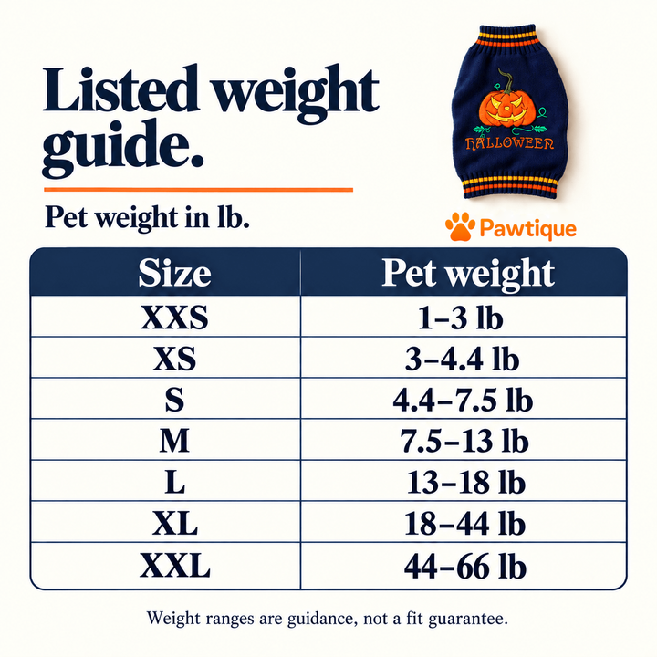 Pawtique Pumpkin Knit listed pet weight guide — not fit guarantee