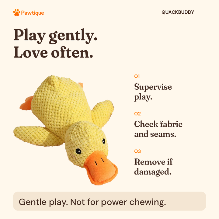QuackBuddy care: supervise play, check fabric and seams, remove if damaged; gentle play, not power chewing