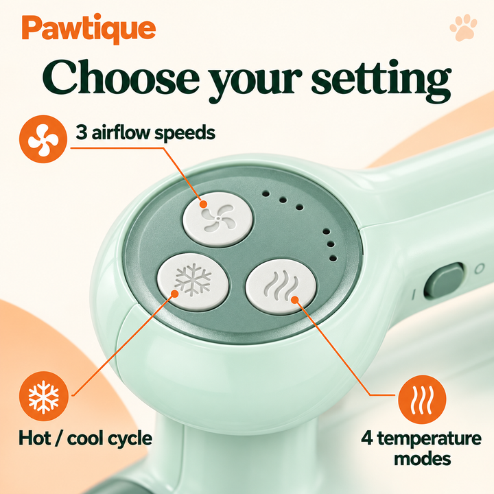 Pawtique QuietFlow dryer controls with three buttons, six indicator lights, three airflow speeds and four temperature modes