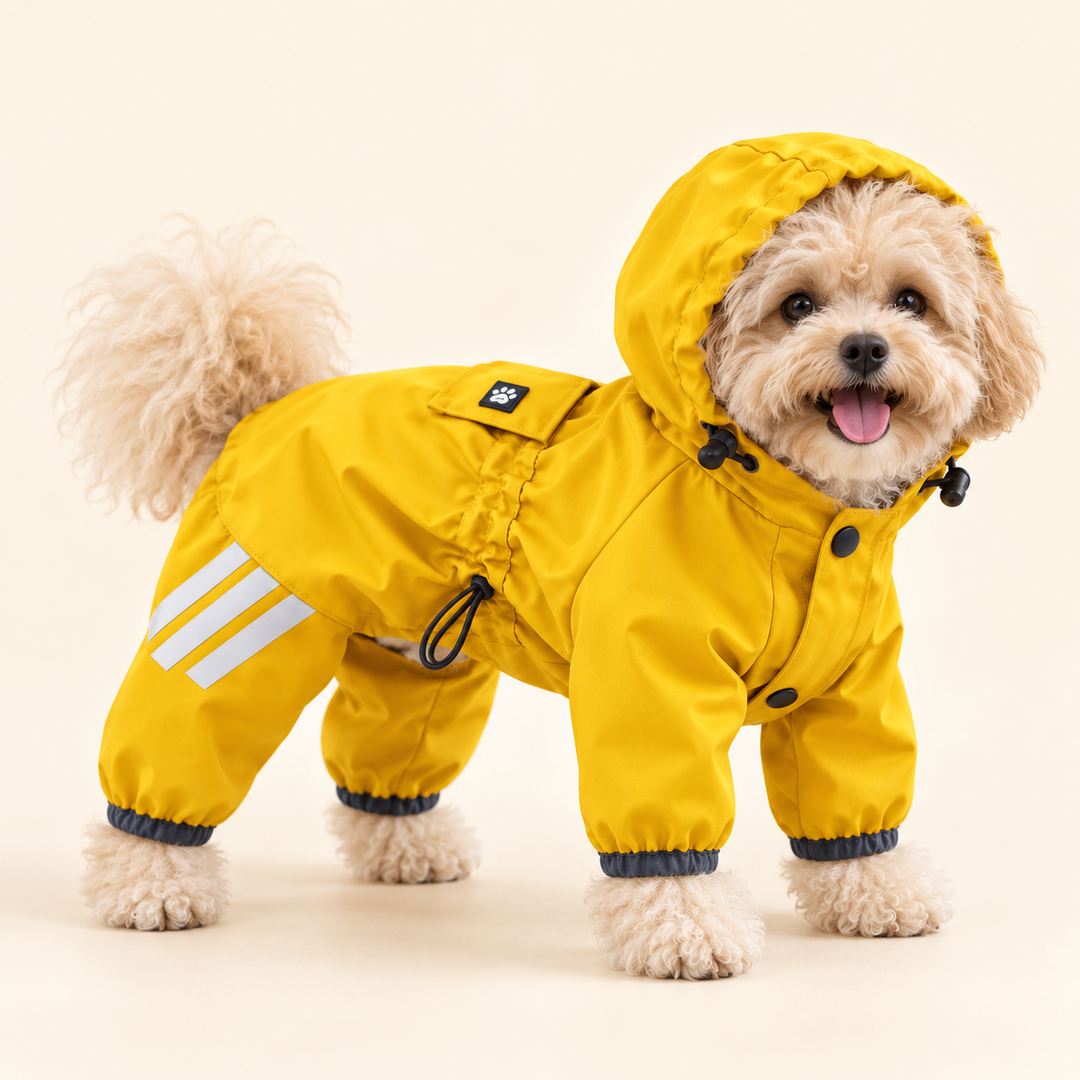 Yellow dog-wearing raincoat hero
