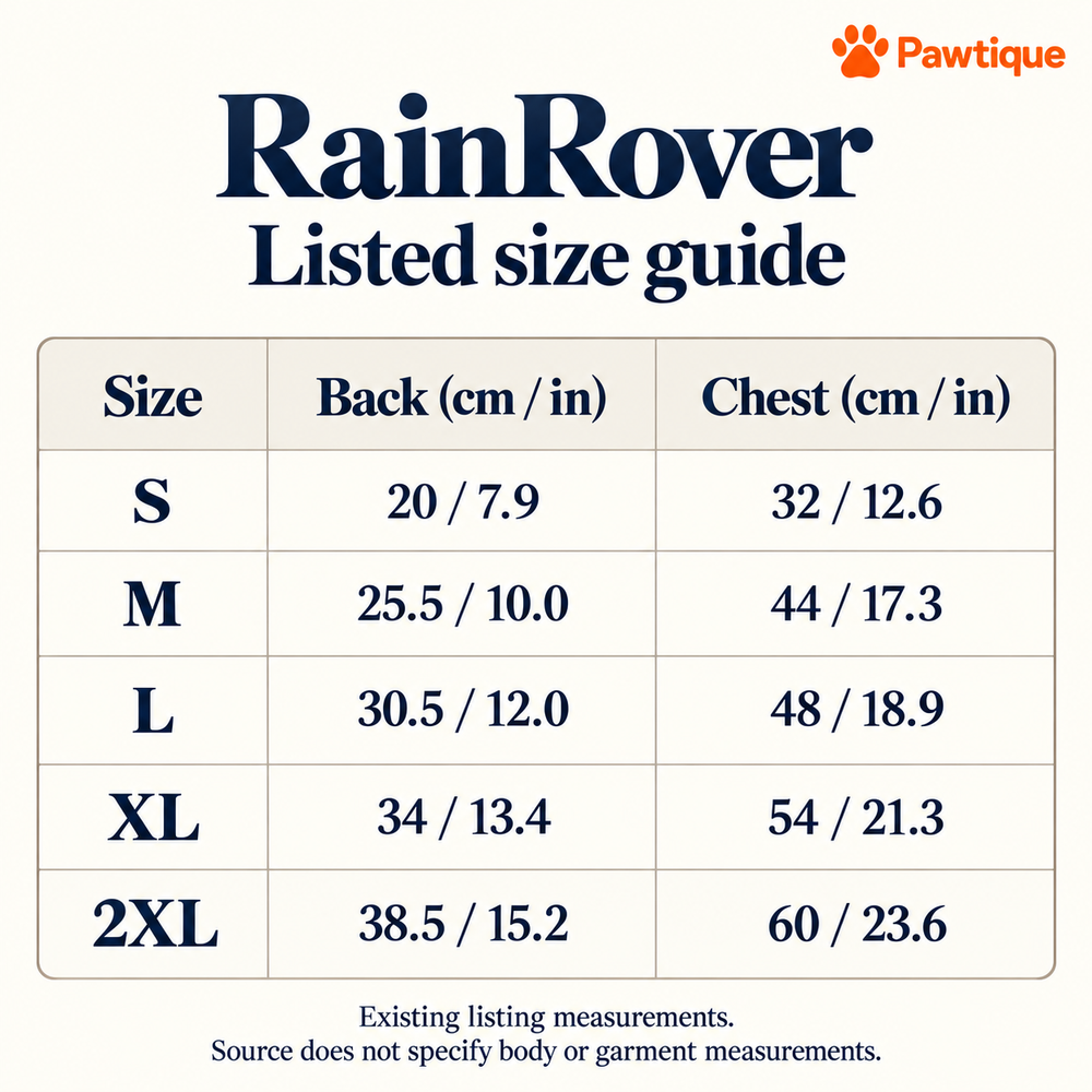 RainRover listed back and chest measurements in cm and inches; measurement basis unverified