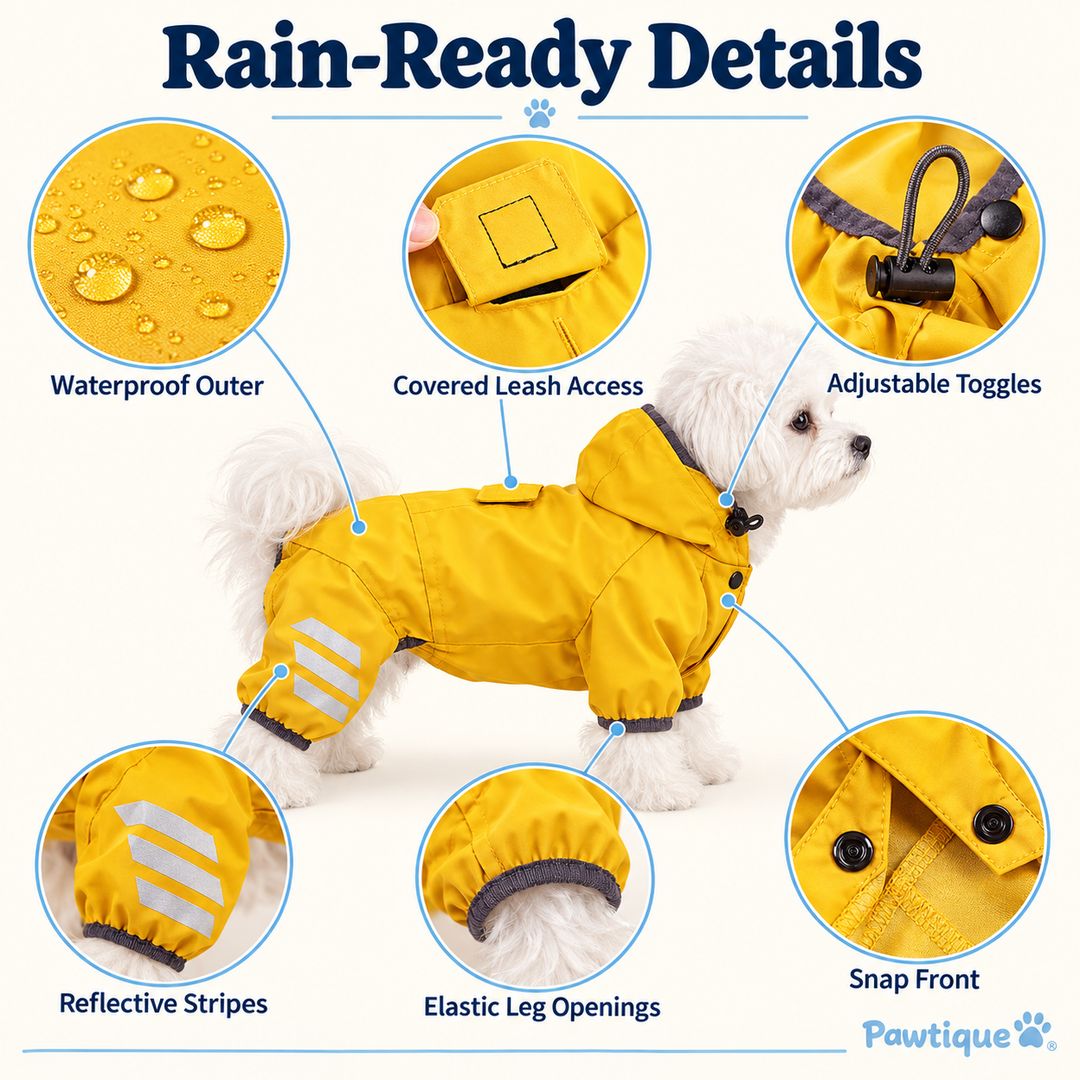 Pawtique RainRover hood, snap front, leash opening, waist toggle and reflective details
