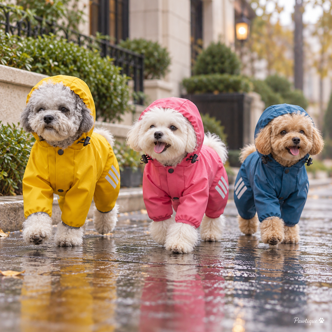 Dog wearing Pawtique RainRover waterproof four-legged raincoat outdoors