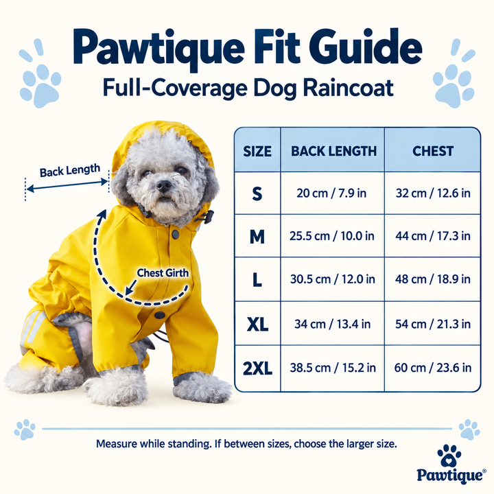 Pawtique RainRover dog raincoat size guide