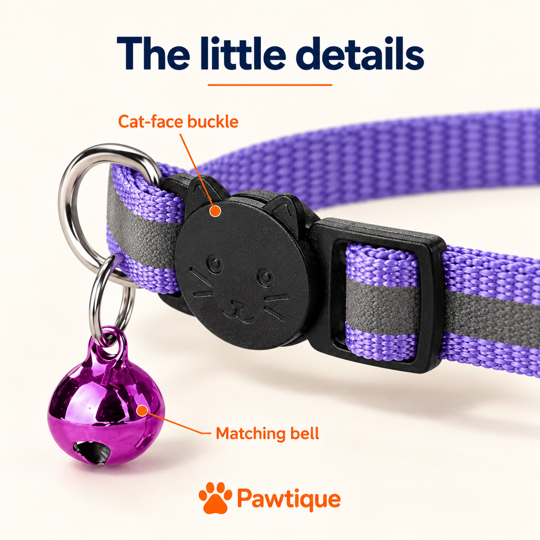 Purple nylon collar cat-face buckle and matching bell detail