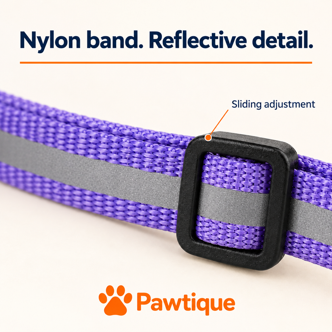 Purple nylon band with smooth gray reflective center strip and black sliding adjuster