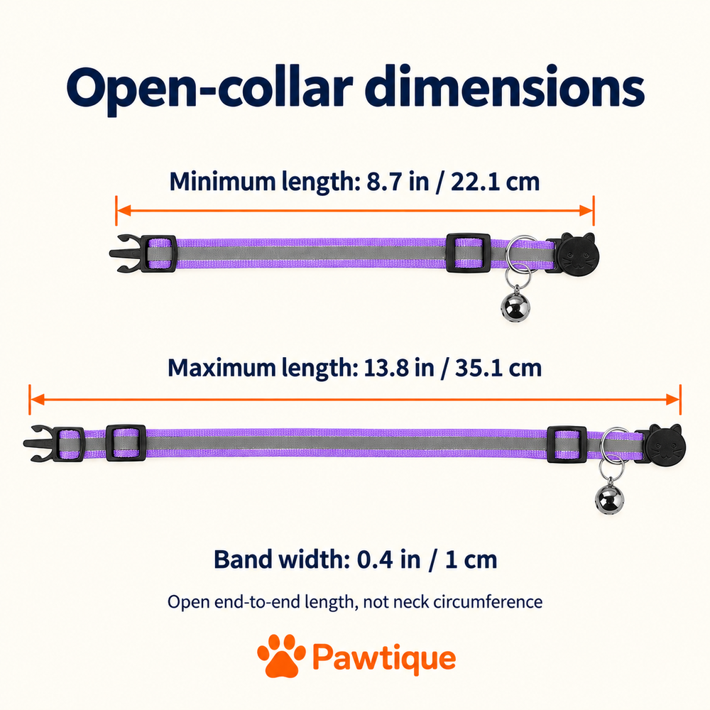 Open cat collar length from 8.7 to 13.8 inches, band width 0.4 inches; product dimensions rather than neck circumference