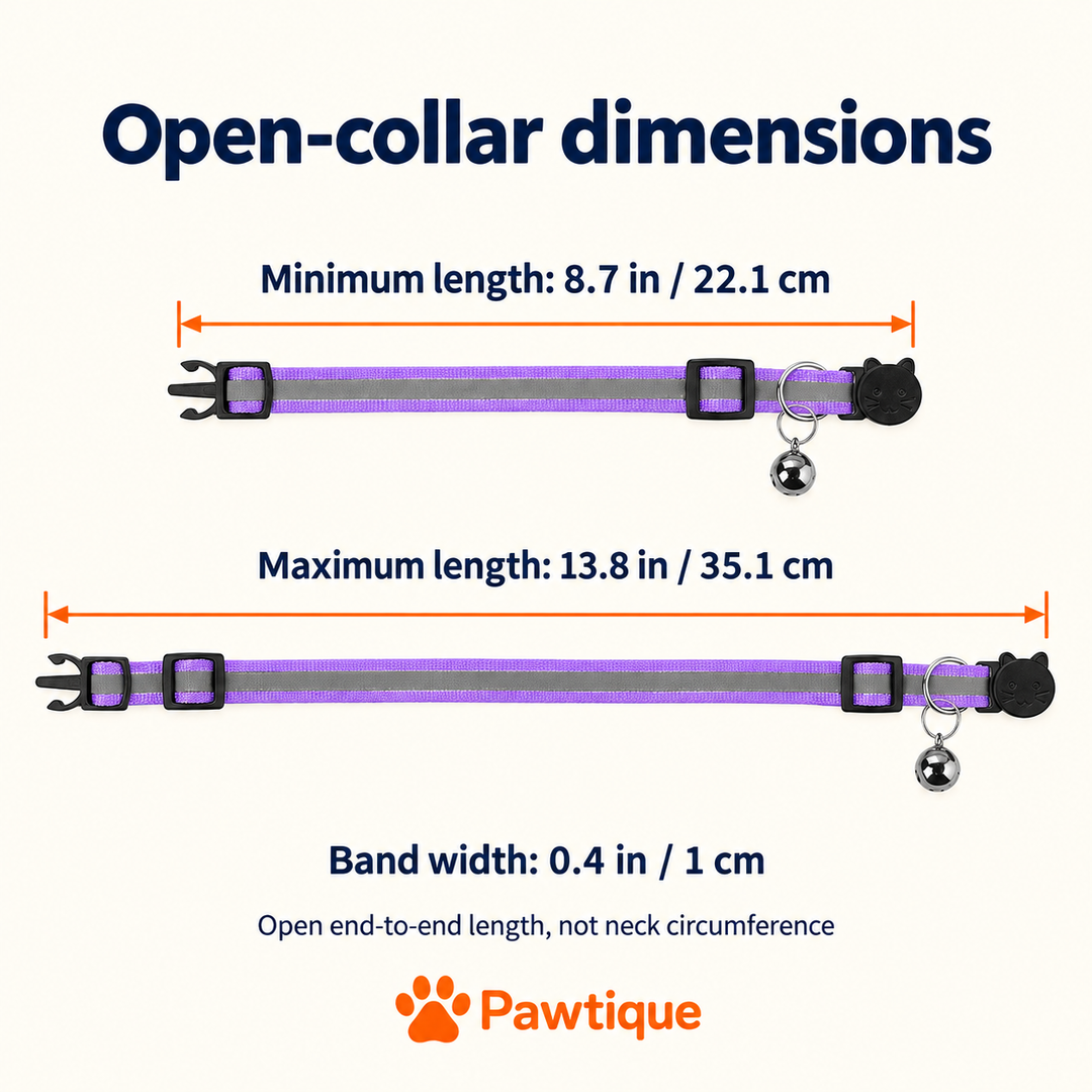 Open cat collar length from 8.7 to 13.8 inches, band width 0.4 inches; product dimensions rather than neck circumference