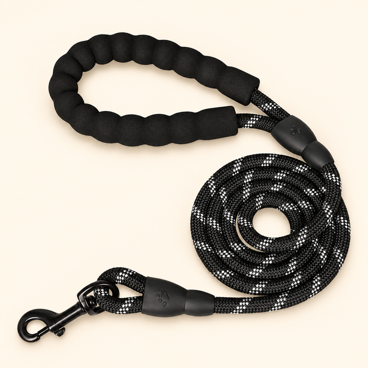 Black braided rope dog leash with padded loop handle and black swivel snap hook on cream