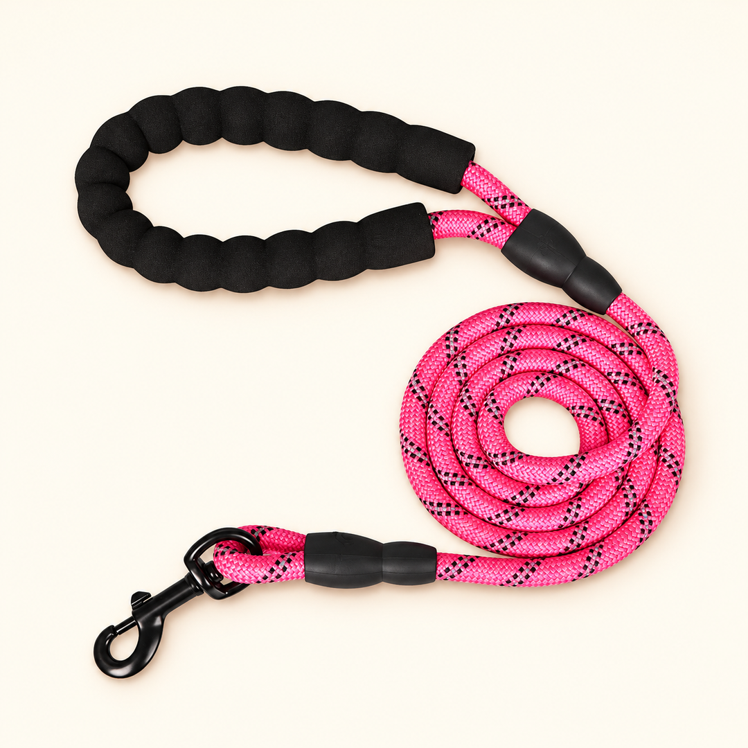 Pink braided rope dog leash with padded loop handle and black swivel snap hook on cream