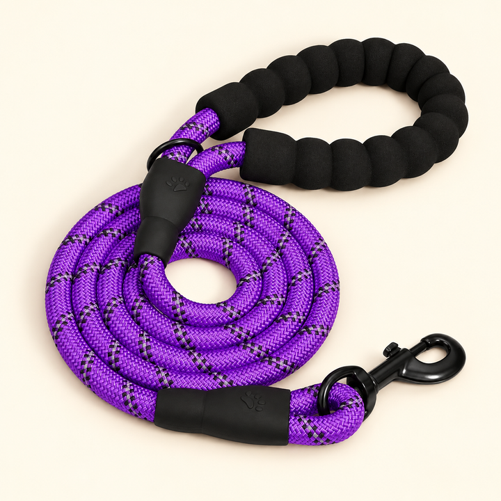 Purple braided rope dog leash with padded handle, original handle ring and black swivel snap hook on cream