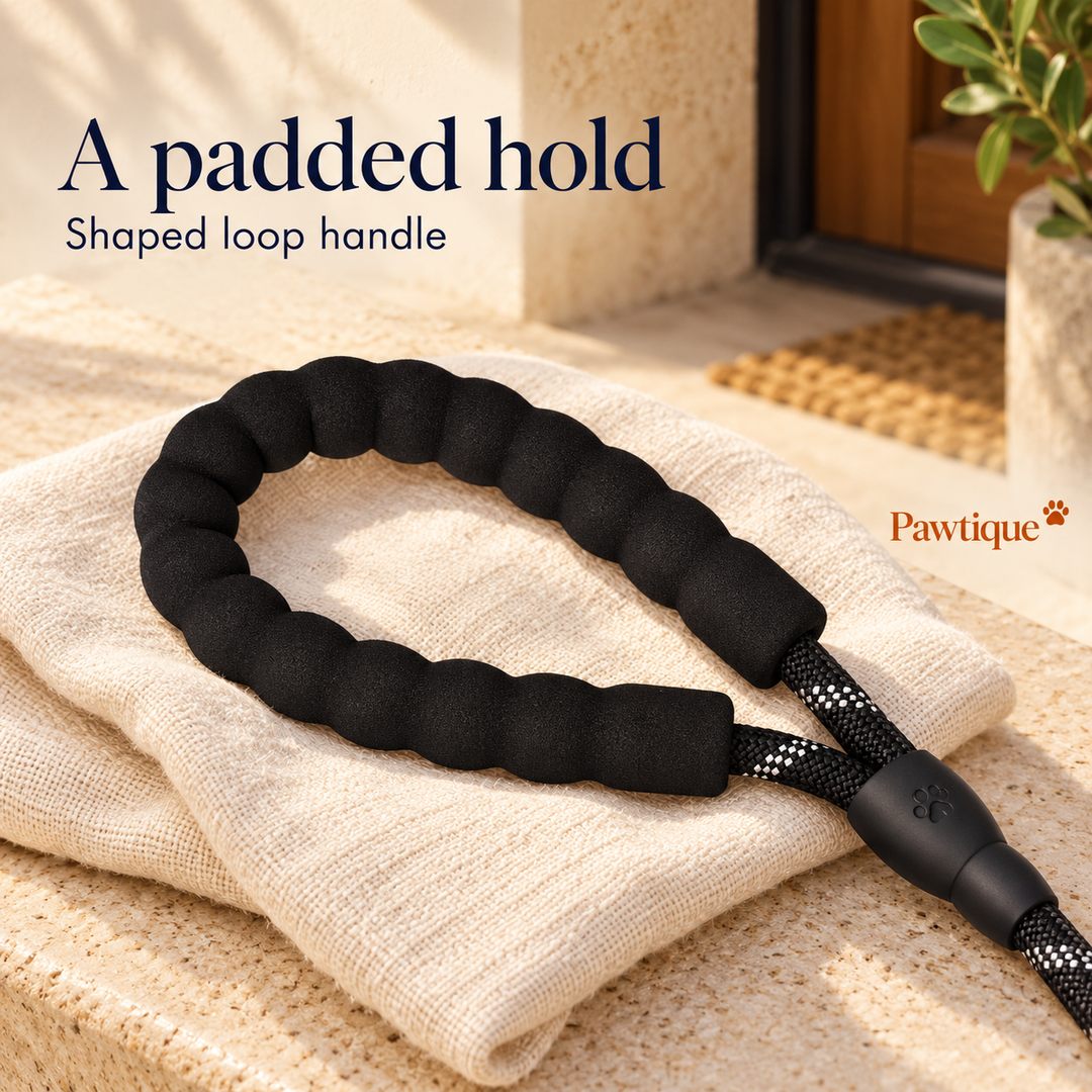 Padded scalloped loop handle and covered join detail on black rope leash
