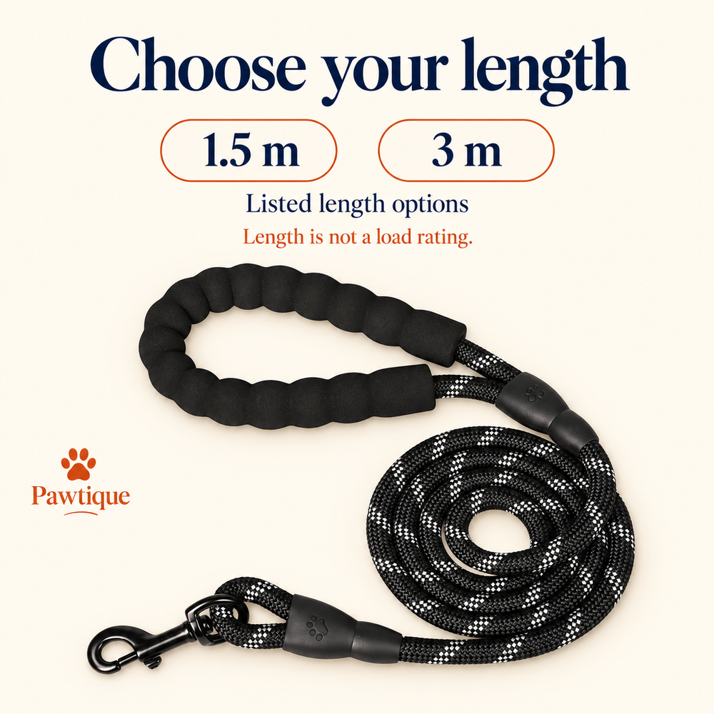 Listed leash length options 1.5 m and 3 m; length is not a load rating
