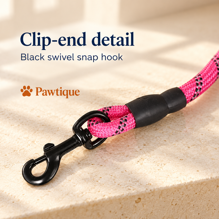 Pink rope leash black swivel snap hook and covered clip-end join