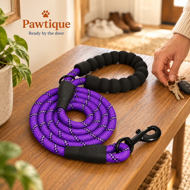 Purple rope dog leash ready by the door; scene accessories not included