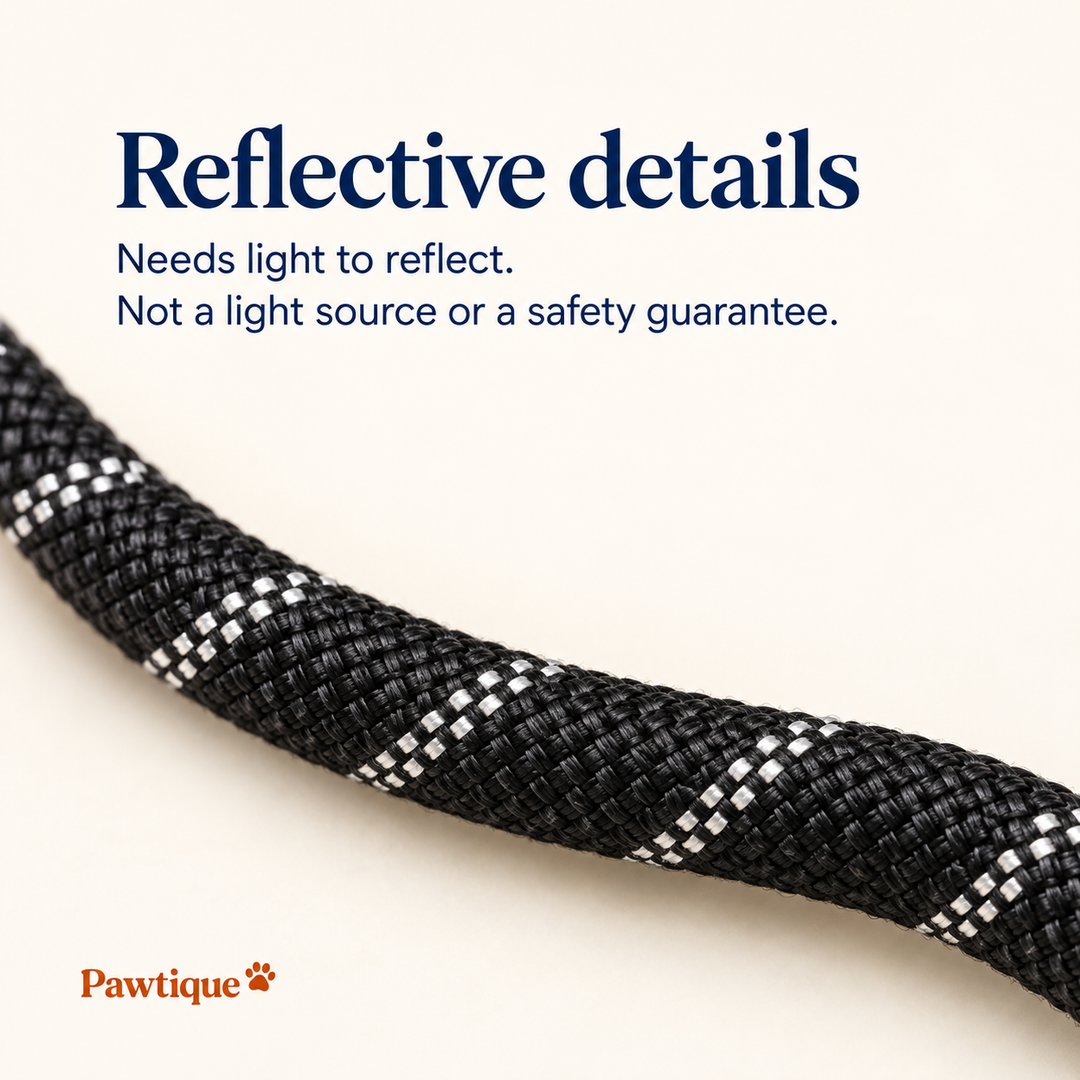 Reflective rope details need external light and are not a light source or safety guarantee