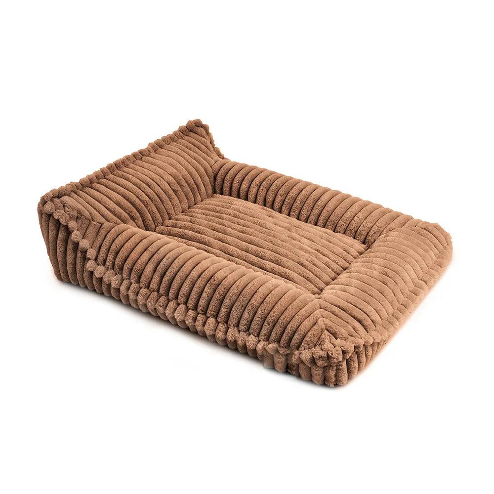Brown ribbed plush bolster dog bed