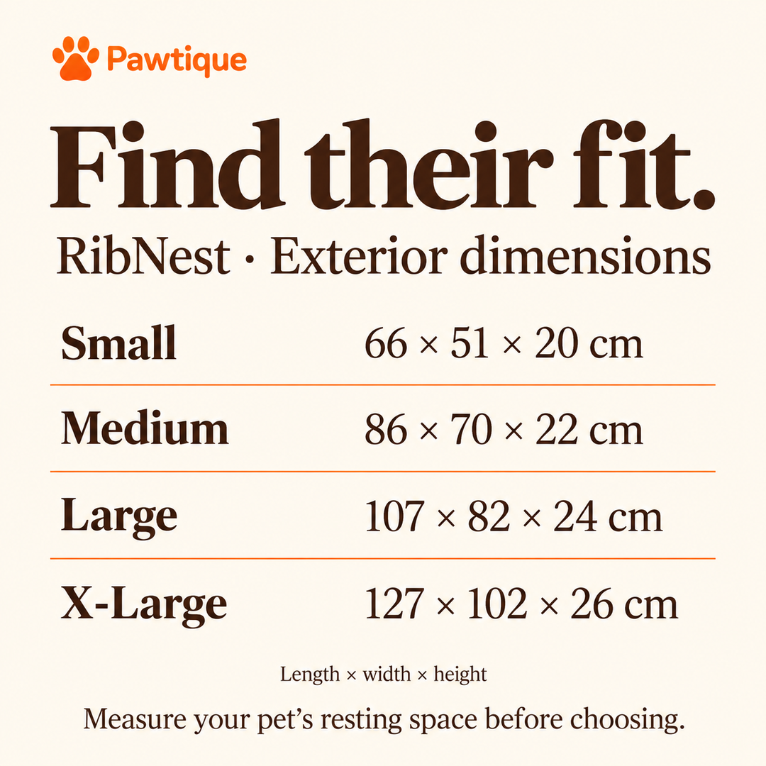 RibNest exterior dimensions for Small, Medium, Large and X-Large