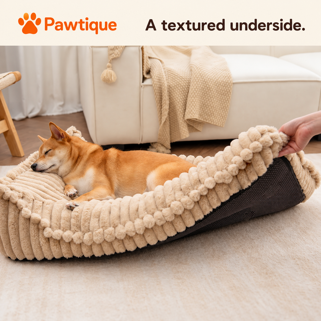 Ribbed bolster bed with a lifted textured underside