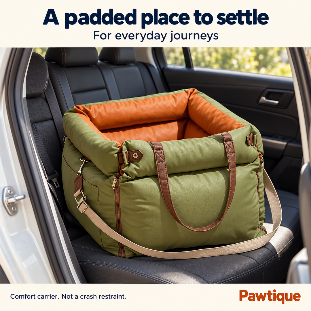 Empty Olive Green RoadNest on a parked vehicle rear seat, with a reminder that it is a comfort carrier and not a crash restraint
