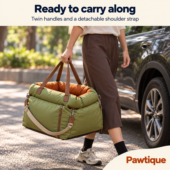 Adult carrying the empty Olive Green RoadNest by its two handles beside a parked car