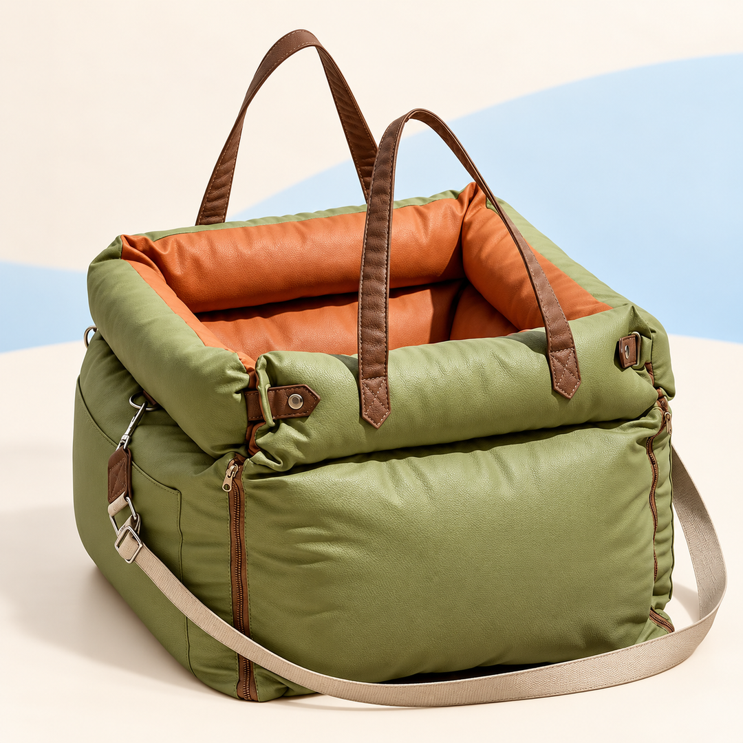 Olive Green RoadNest padded car seat and carrier with orange lining, brown handles and detachable beige shoulder strap