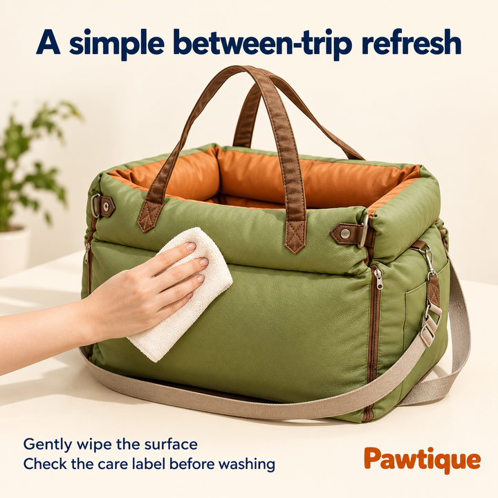 Hand gently wiping the Olive Green RoadNest exterior with a cloth, with a reminder to check its care label before washing
