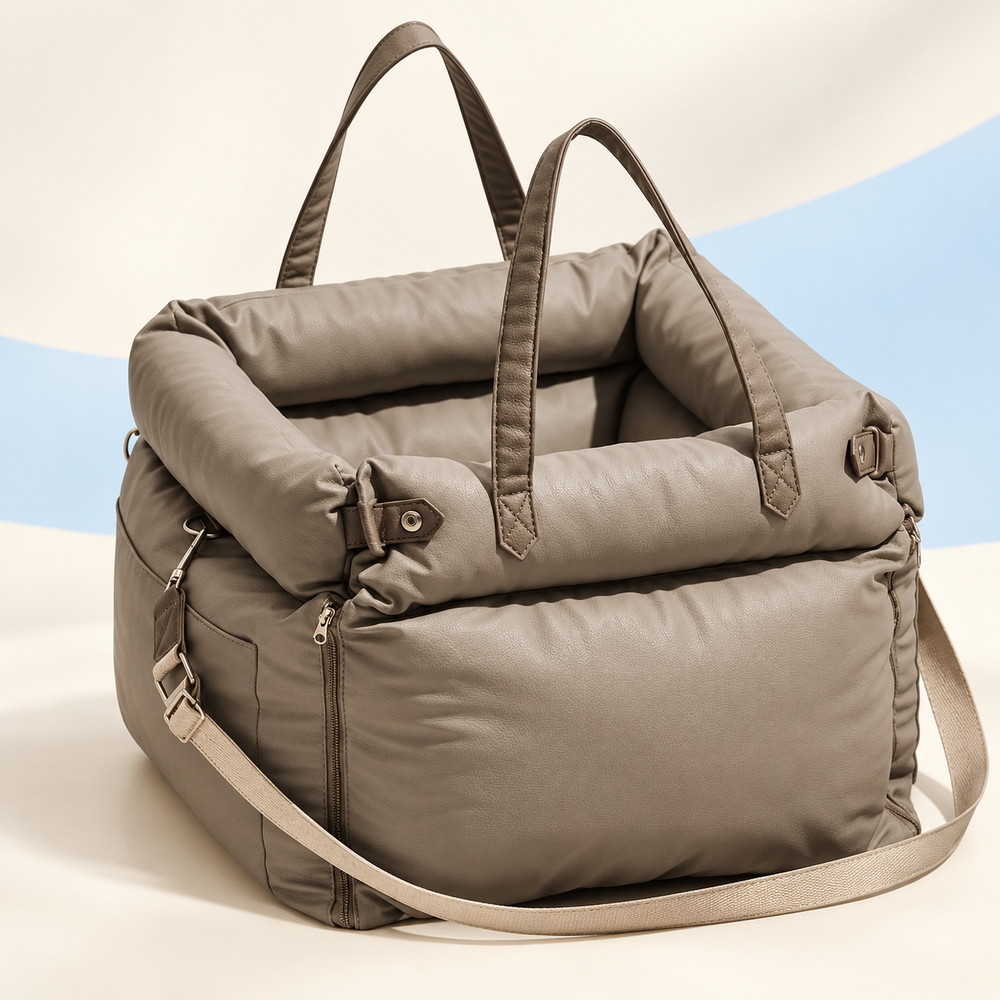 Warm Grey RoadNest padded car seat and carrier with matching lining, twin handles and detachable shoulder strap
