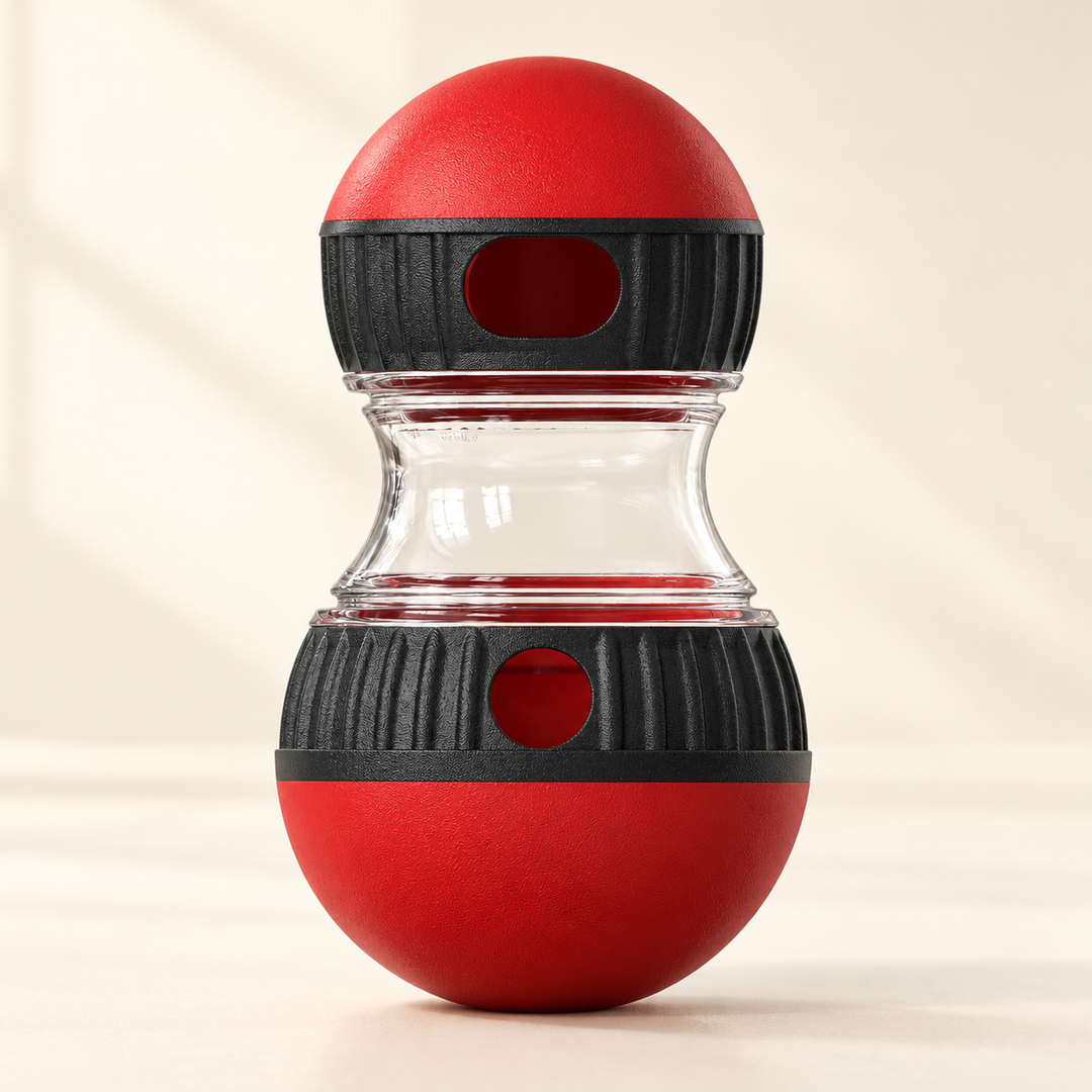 Pawtique Roll and Reward treat dispenser in Red with black collars on a cream background