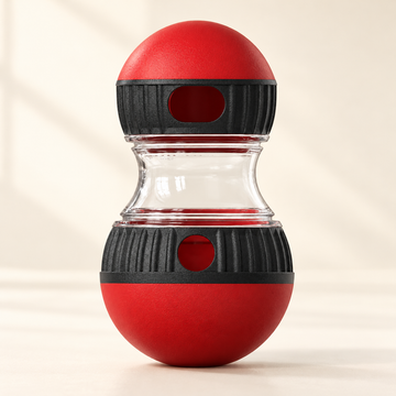 Pawtique Roll and Reward treat dispenser in Red with black collars on a cream background