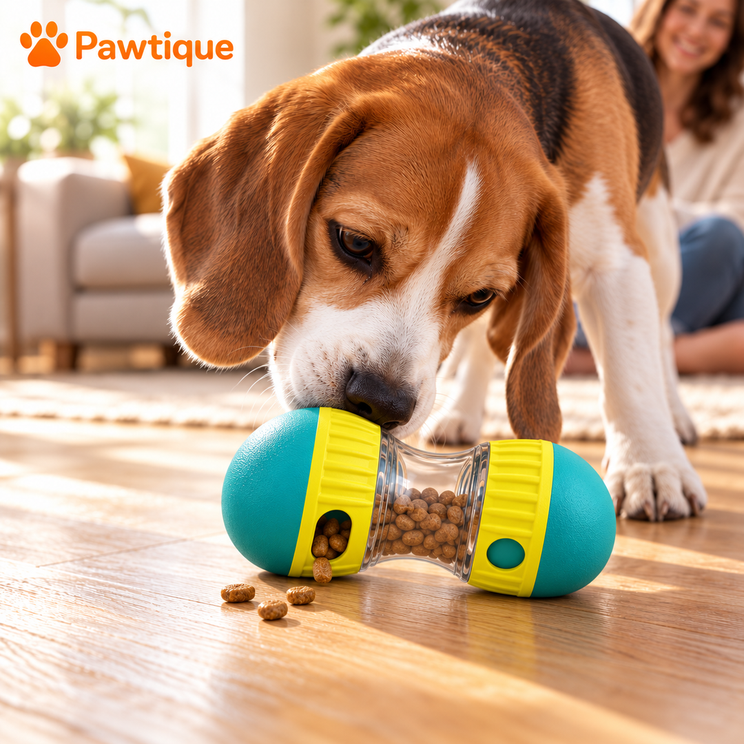 Beagle nose nudging the turquoise treat dispenser as dry food emerges from the collar opening