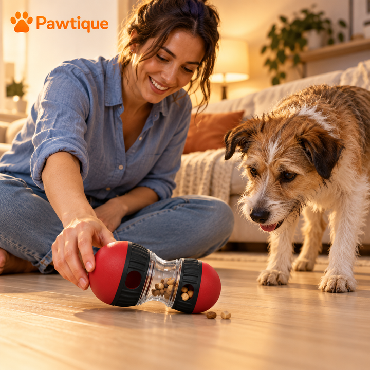 Owner gently rolling the red treat dispenser toward a dog during supervised indoor play