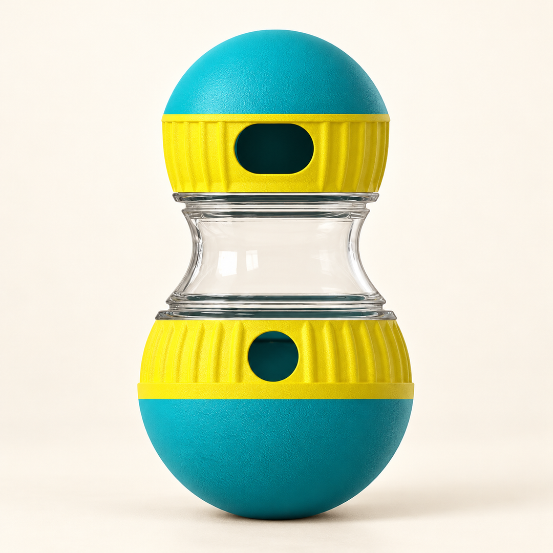 Pawtique Roll and Reward treat dispenser in Turquoise with yellow collars on a cream background