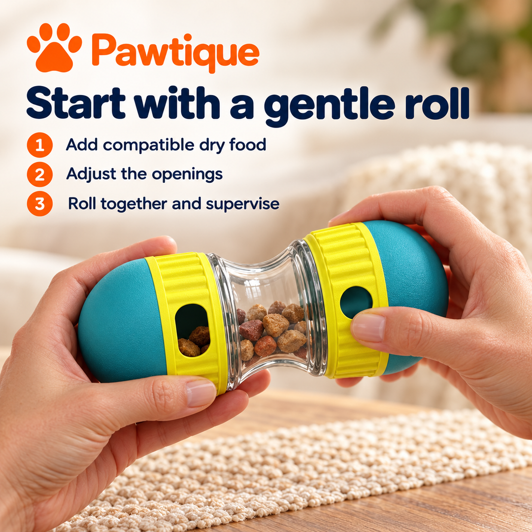 Hands holding the turquoise dispenser with a three step guide to dry food and supervised rolling play
