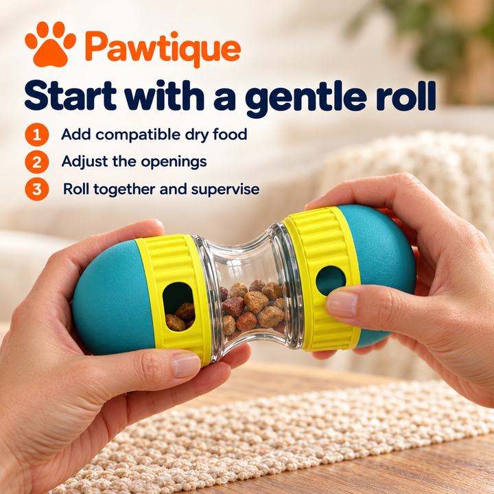 Hands holding the turquoise dispenser with a three step guide to dry food and supervised rolling play