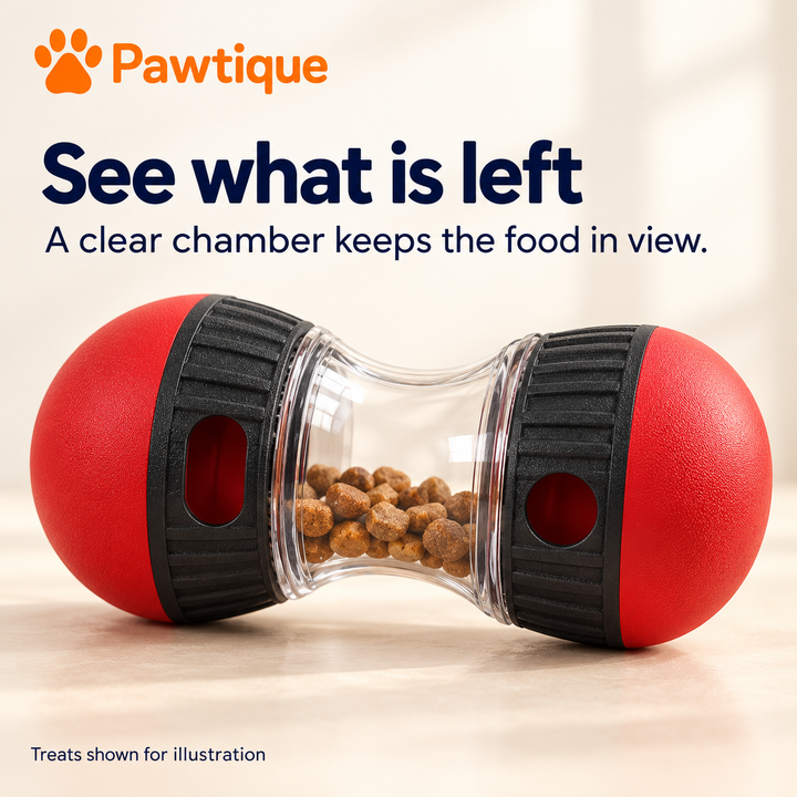Dry food visible inside the clear hourglass chamber of the red treat dispenser