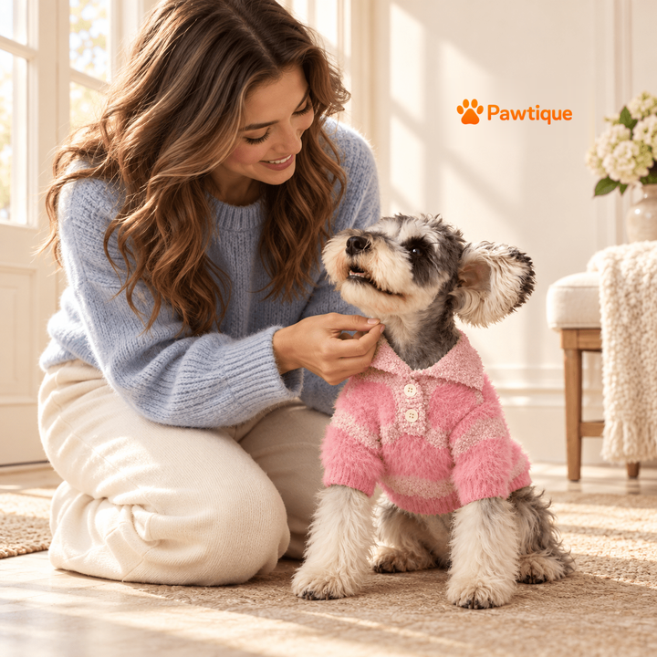 Dog wearing RoseStripe collared sweater with owner