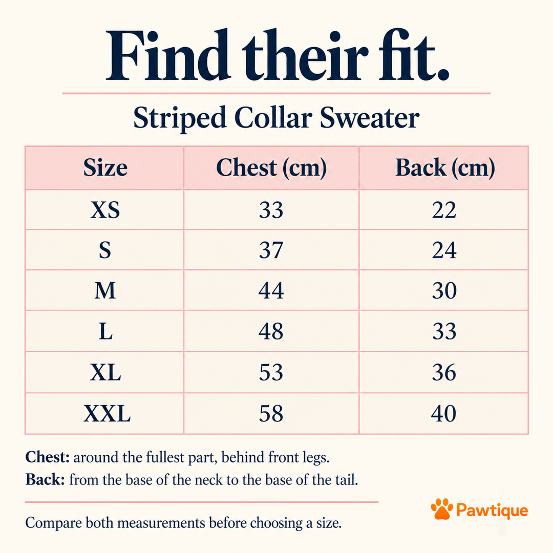 RoseStripe existing size guide, chest and back measurements in cm