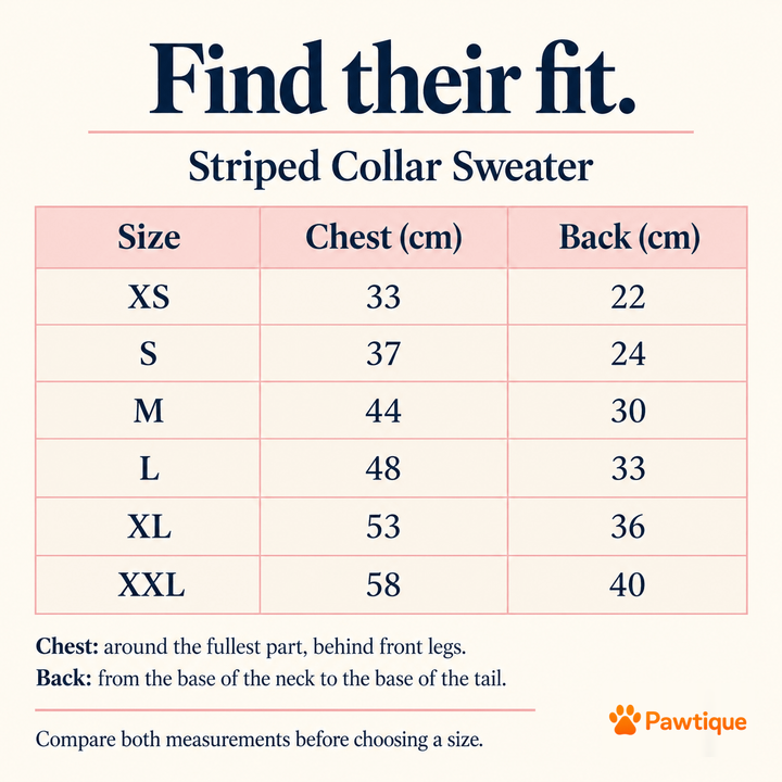 RoseStripe existing size guide, chest and back measurements in cm